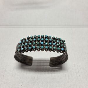 Vintage Zuni Silver Turquoise Native American Handmade Cluster Cuff Bracelet